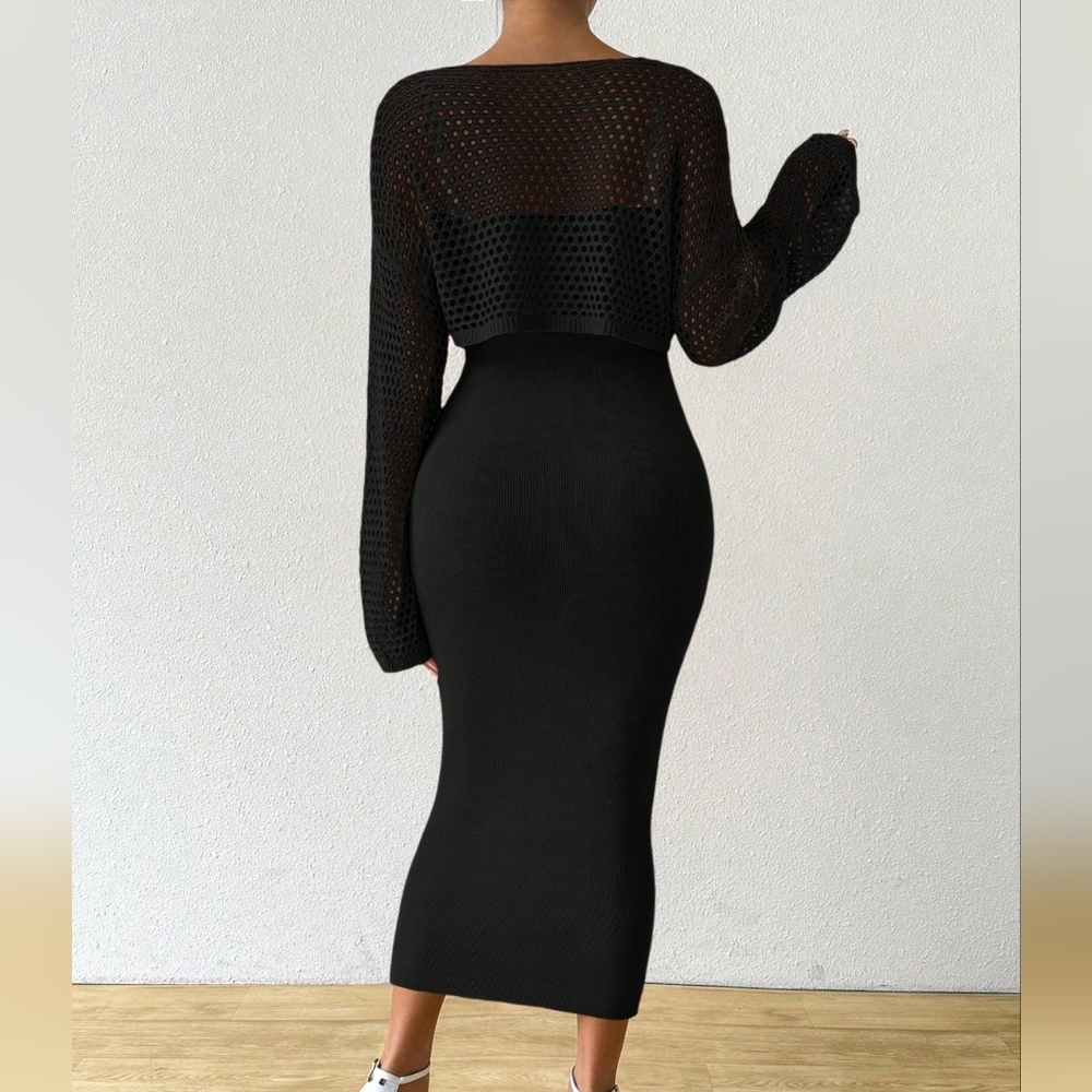 Elegant Women`S Solid Color Hollow-Out Long Sleeve Sweater & Sl - Picture 4 of 4